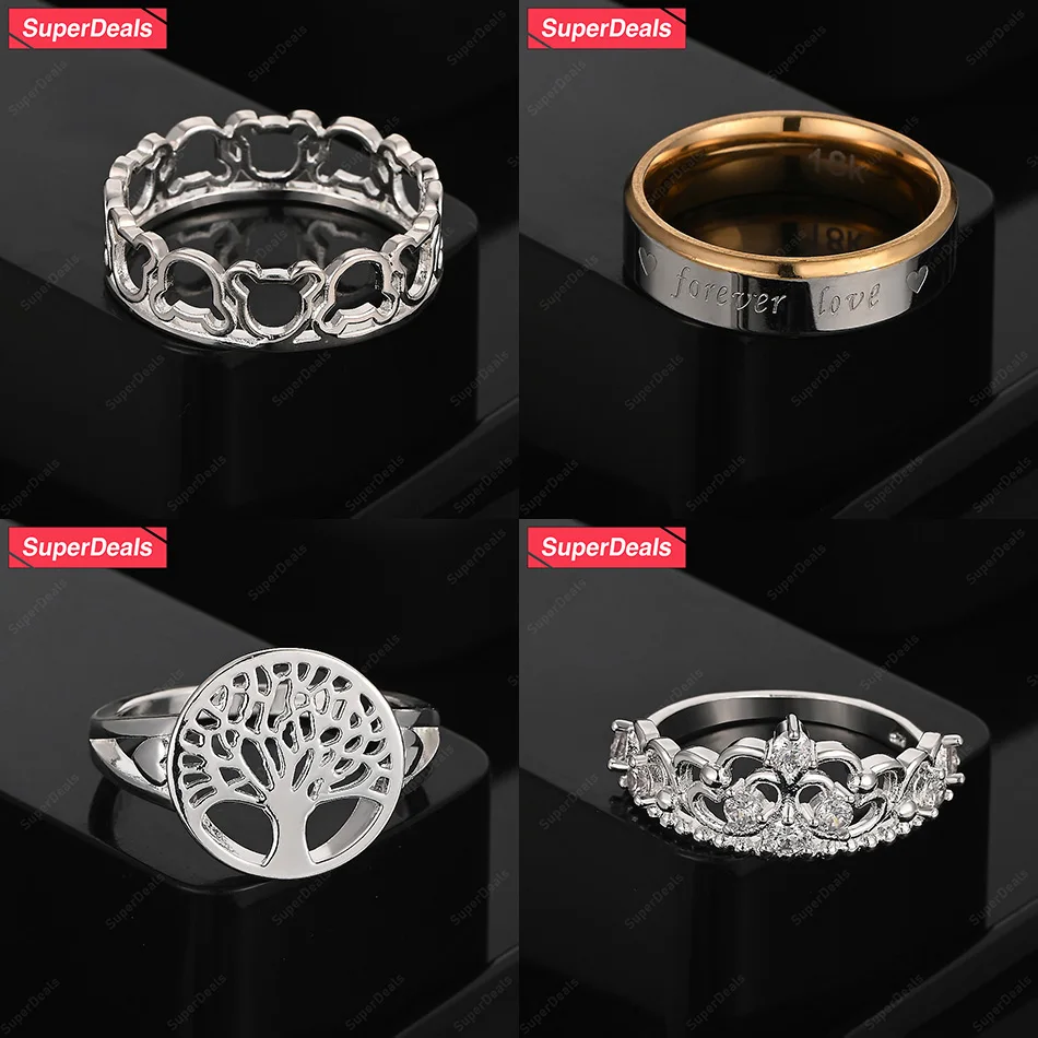 

Superdeals 925 Sterling Silver Crown Bear Tree Engraved Letter Round Ring Lady Fashion Design Jewelry Birthday Party Fine Gift