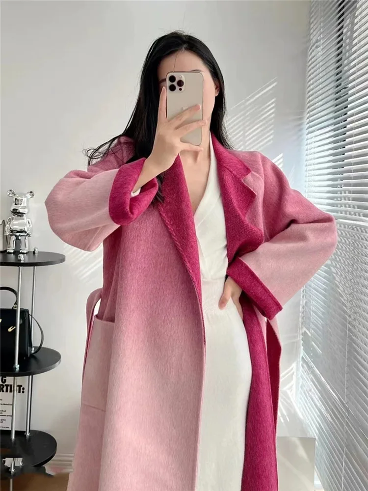 New Women Gradient Bathrobe Double-sided Cashmere Wool Coat Long Loose Fashion Lapel Long Woolen Coats Lace-up Fit Autumn Winter