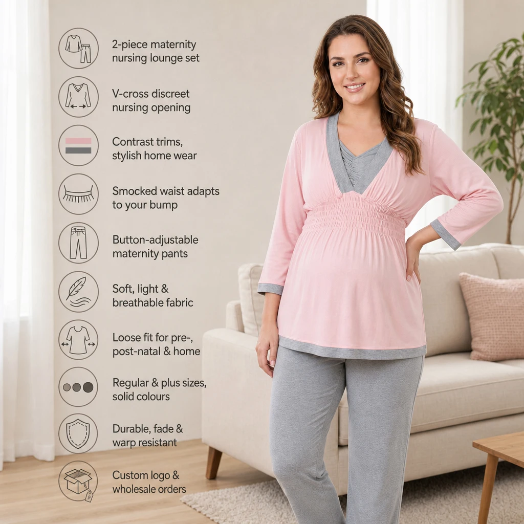 授乳しやすいマタニティパジャマセット。モダール素材の長袖vネックトップスと、ウエストが調節可能なパンツ。妊娠中から産後まで着用できるリラックスウェア。