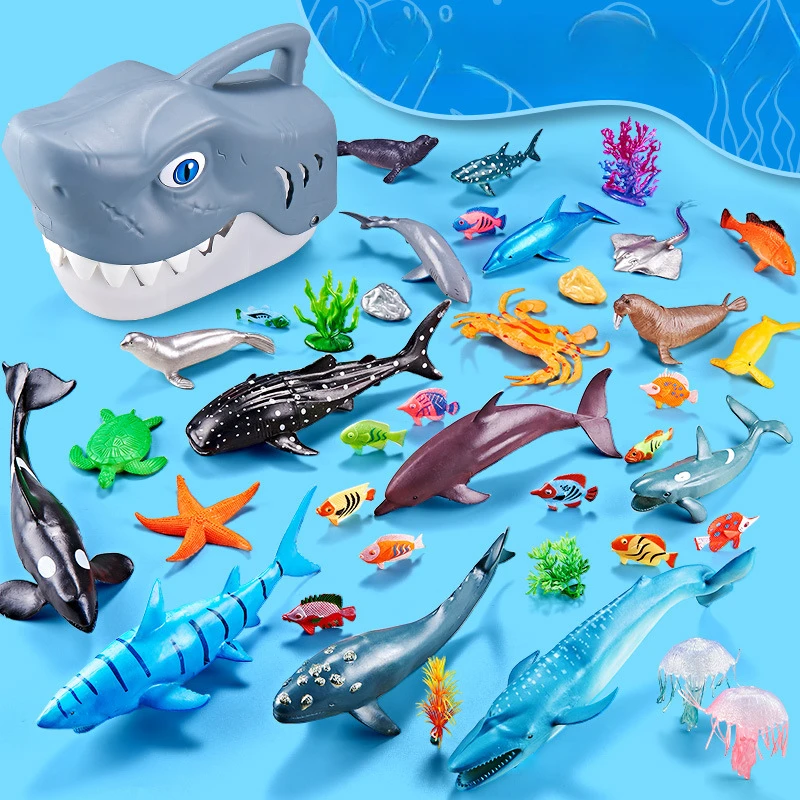 

Marine Animal Playset Ocean Life Models Children Simulated Marine Animal Model Cartoon Shark Head Storage Box Toy Set