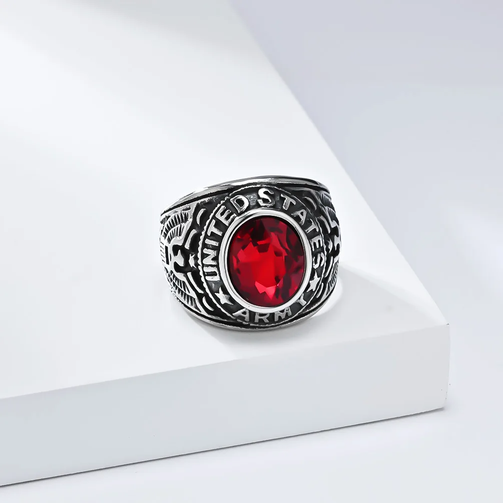 Punk Hip Hop US Army Navy Air Corps Stainless Steel Eagle Ring Men's Fashion Vintage Blue Red Stone Ring Jewelry Gift Wholesale - view 5