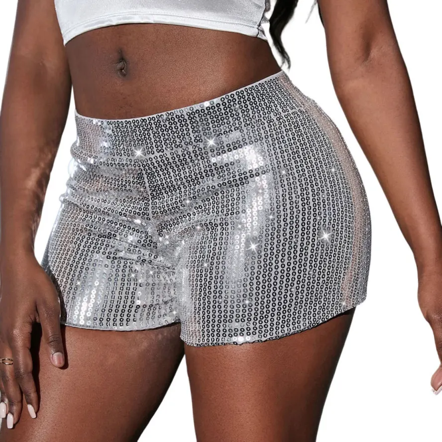 

Silver Sequin Shorts Slim Casual Sexy Shiny Sequins Short Pants Glitter Shorts Nightclub Ladies Short Pants Woman Trousers