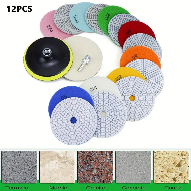 

12Pc 4" Wet/Dry Polishing Pads – 50-6000 Grit, for Concrete, Marble, Quartz + Adapter