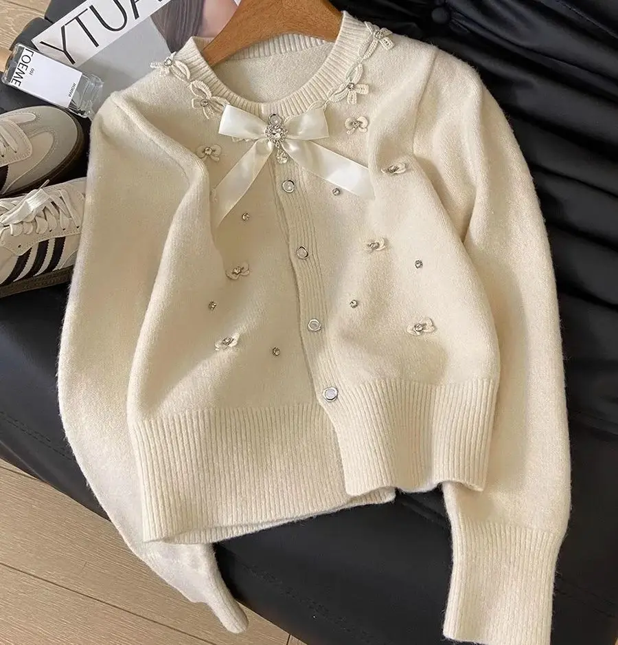 

Women's Beaded bow Bottoming Sweater Lady Soild Color Soft Knitted Tops Korean Style O-neck Long Sleeve Knitted cardigan