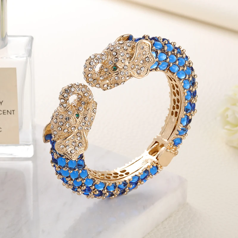 Sally\'s Paradise Resin Colorful Two Heads Elephant Bangles Crystal Animal Jewelry Gold Plated Cuff Bracelets For Women 11199
