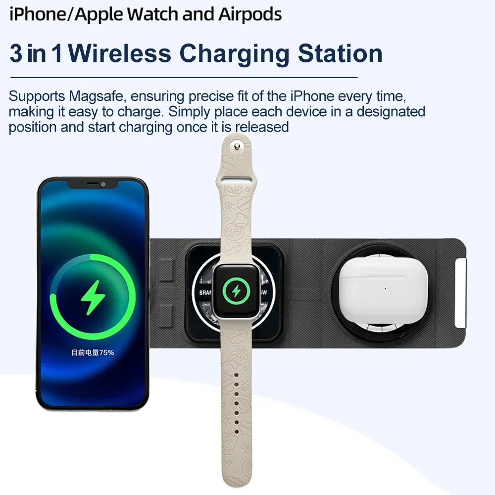 Caricabatterie Wireless magnetico pieghevole 3 in 1 da 30W per iPhone 15 14 Pro Max Apple Watch AirPods supporti per Dock Station di ricarica rapida