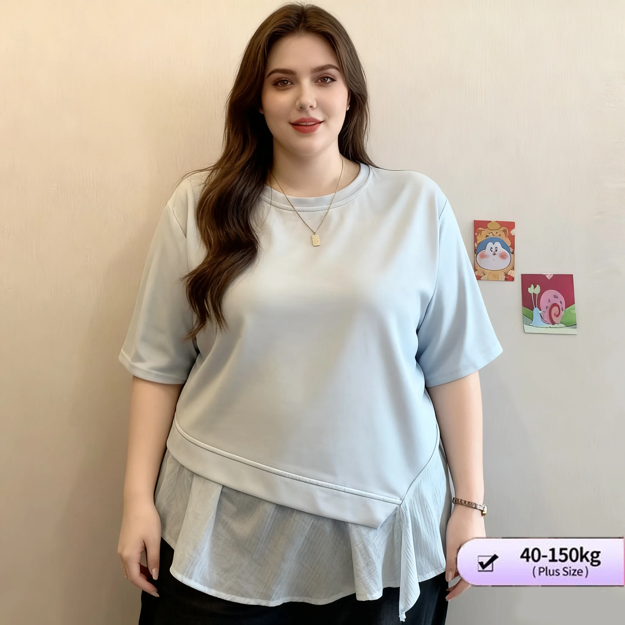 

【Футболка большого размера】Женский летний свободный повседневный топ больших размеров с асимметричным подолом и контрастной отделкой