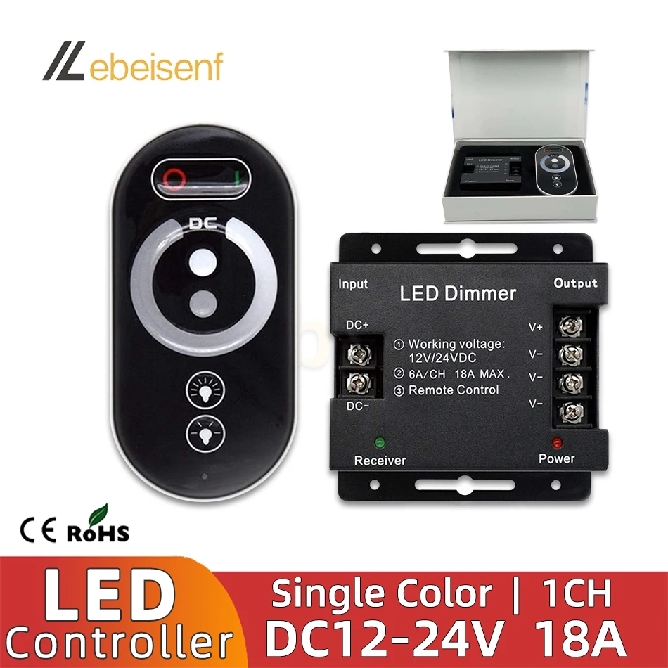 Controlador de tira de luz LED RF de un solo Color, atenuador de señal de lámpara PWM de 1 canal, Control remoto inalámbrico táctil completo, 12V,