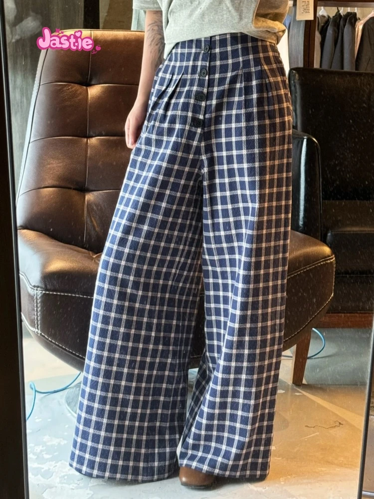 

Navy Blue Plaid Fashion Wide Leg Pant Single Breasted Versatile Streetwear Women Trouser Spring Summer Retro Y2K Female Bottoms