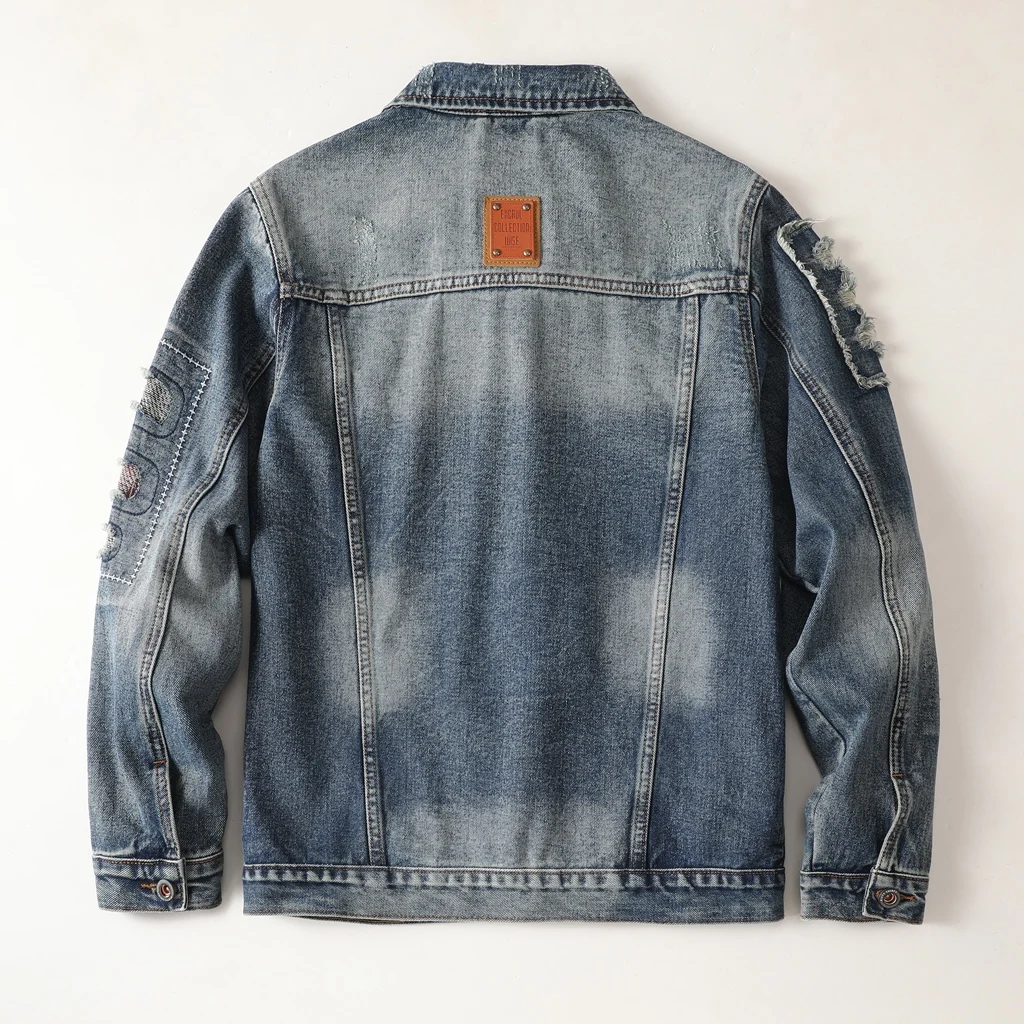 American retro denim jacket with men's ripped hole splicing trendy jacket loose long sleeved denim jacket korean fashion