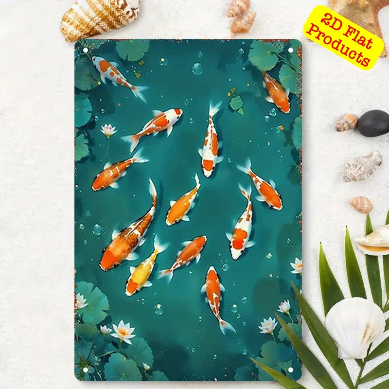 2D Flat - A 2D Flat Sign Featuring an Aquatic Scene, Perfect for Tranquil Decor. This Decorative Painting Includes Lotus Flowers
