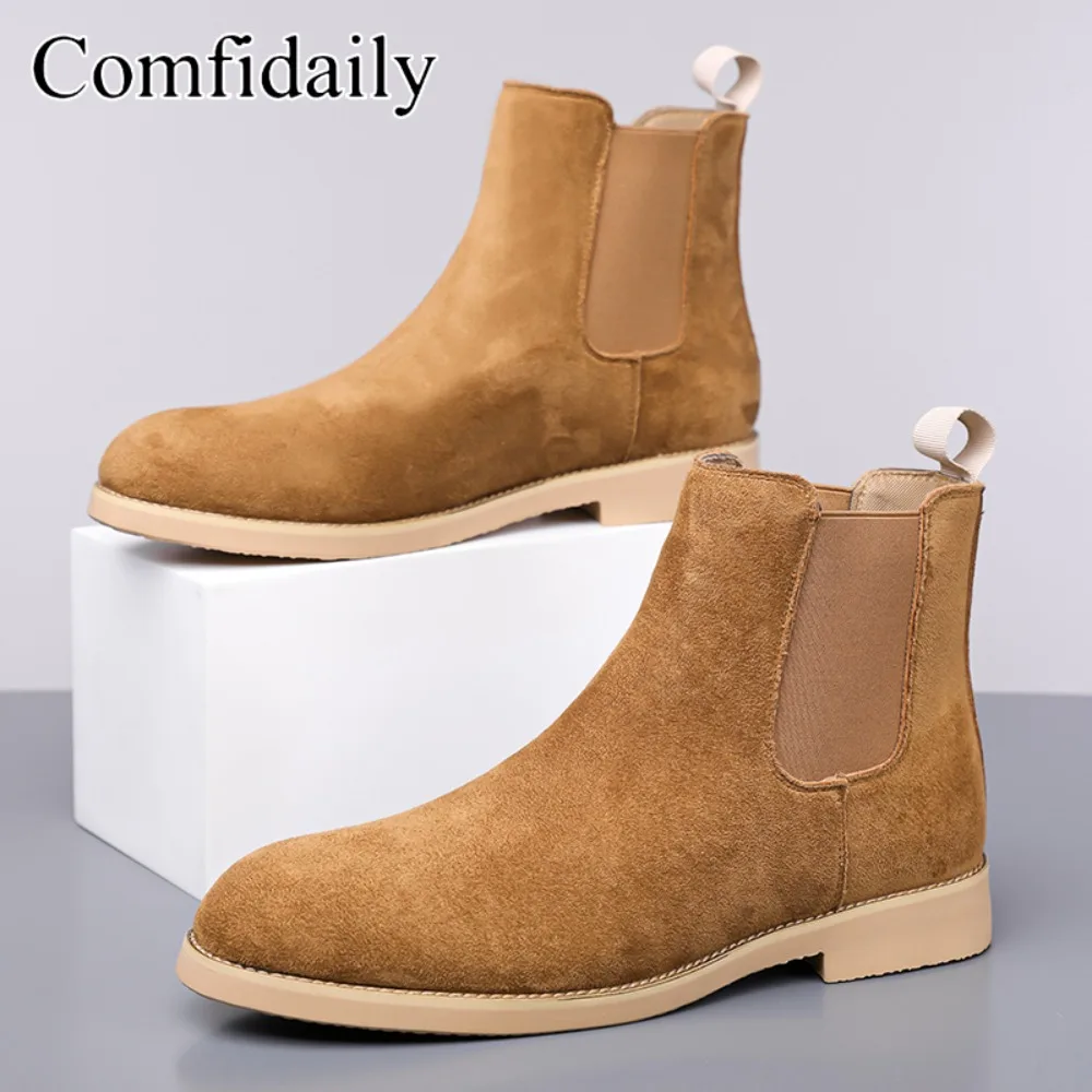 Man Retro Suede Genuine Leather Chelsea Boots Men Fashion Short Ankle Boot Casual British Style High-Top Shoes