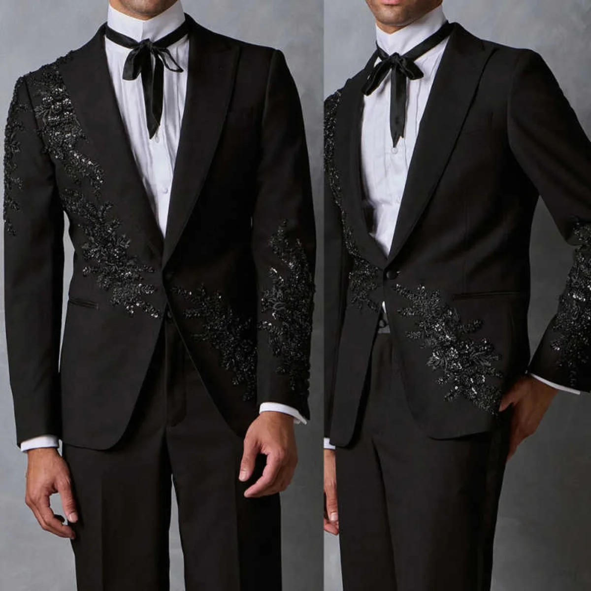 

Elegant Men Suits Slim Fit 2 Pieces Jacket Pants Appliques Peak Lapel Groom Tuxedos Male Blazers Customized Ropa Hombre