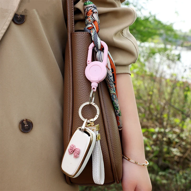 (Ce14)Macaron Color Retractable Keychain Outdoor Anti-theft Easy-to-pull Buckle Wire Rope Reel Elastic Key Ring Retractable Tool view 5