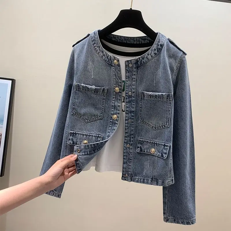 Short Denim Jacket Women Spring Autumn 2023 New Elegant O-Neck Single Breasted Top Long Sleeve Retro Blue All-Matched Outwear