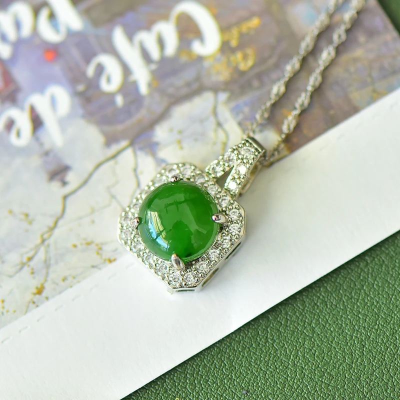 

inlaid with natural Hetian jade square pendant, jasper emerald necklace accessories, simple collarbone chain