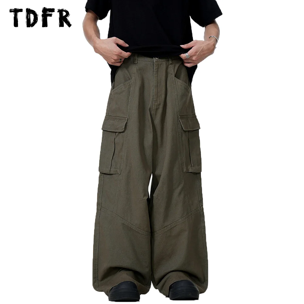 

Multi-Pocket Cargo Pants Mens Solid Color Spliced Retro Casual Streetwear Straight Loose Wide leg Trousers Men