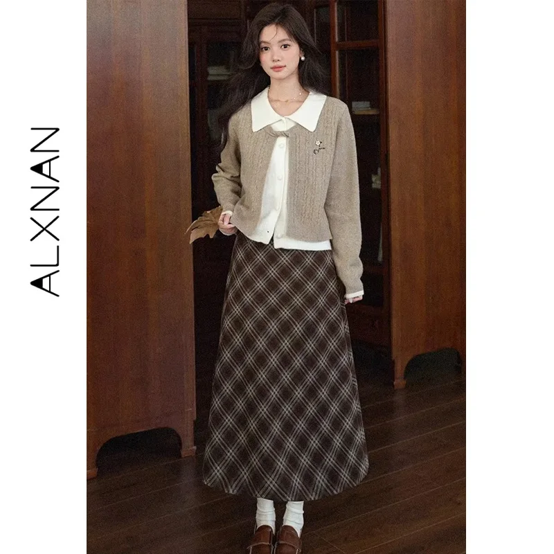 

ALXNAN Plaid Skirts Zippered Elastic Waist Color-block Women's A-Line Skirt Fall Winter Versatile Commuting Long Skirt DYL662126