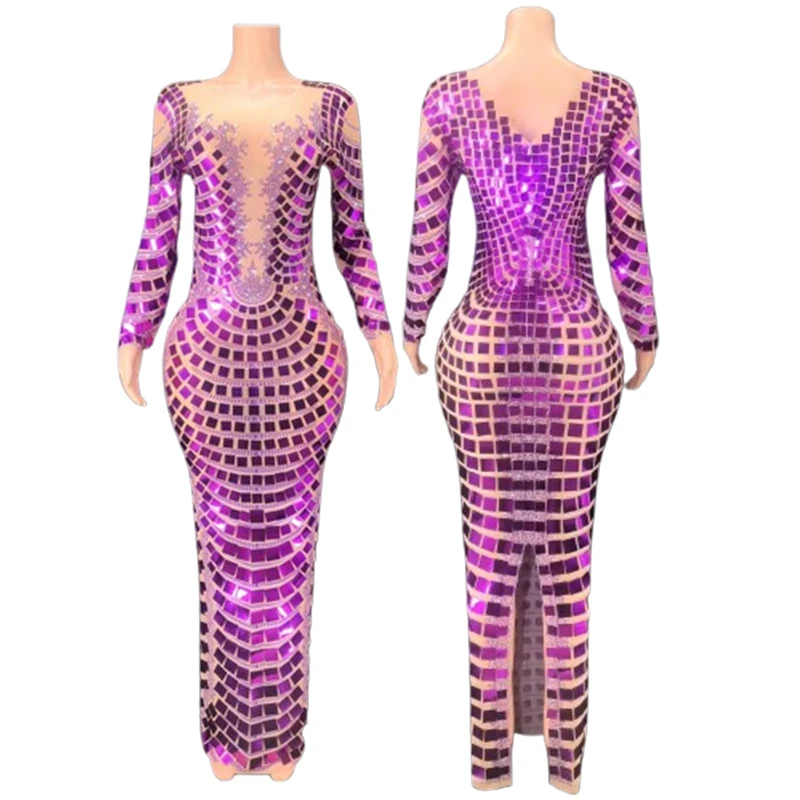 Shiny Purple Sequin Cocktail Dress Women's Long Long Sleeve Evening Dress Veatidos Negros Con Espejos Dresses for Women 2025