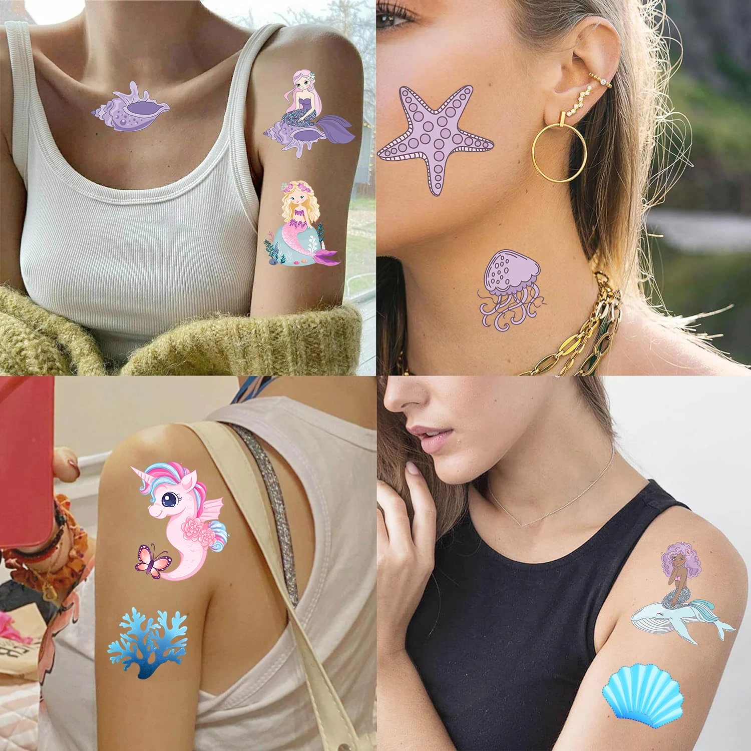 10PCS New Mermaid Tattoos for Children Transfer Tattoos for Kids Mini Waterproof Tattoos Festival Glitters Face Animals Stickers