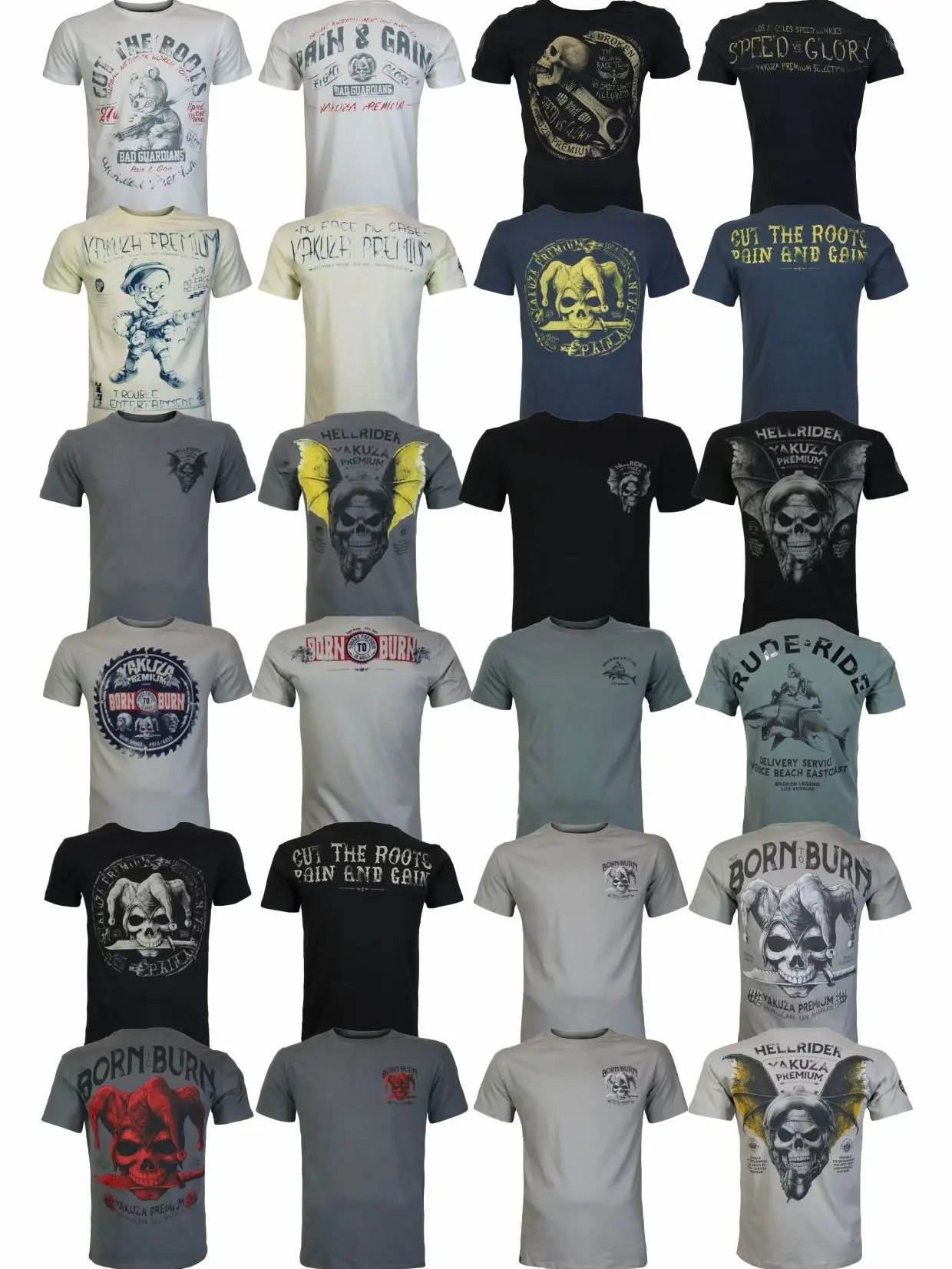 

Yakuza Premium 26SS Men's Short Sleeve T-Shirt Vintage Washed Military Style round Neck Cotton Casual Fashion Skull Pattern