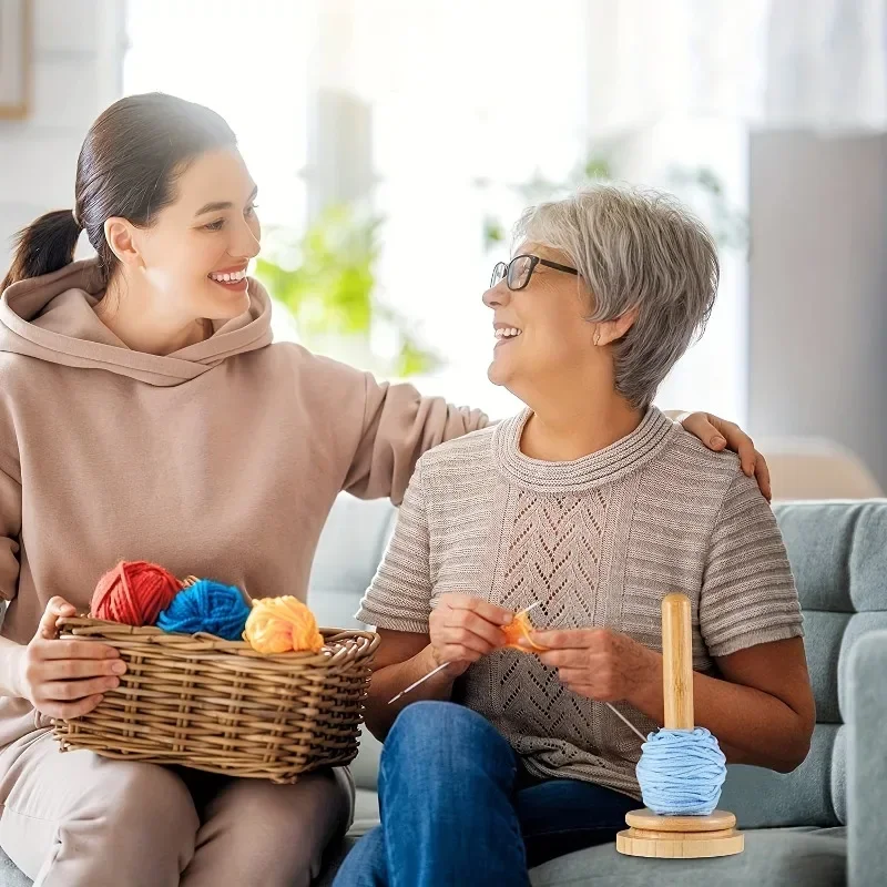 Soporte para hilo de bambú, enrollador de hilo de madera con bola giratoria, organizador de almacenamiento de hilo de escritorio para tejer y ganchillo