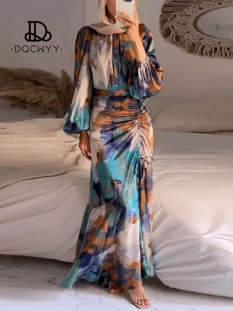 Womens Dresses 2024 New Colorful Printed Pleated Dress Women Long Lantern Sleeves Dresses Fashion Drawstring Slim Robe Women's