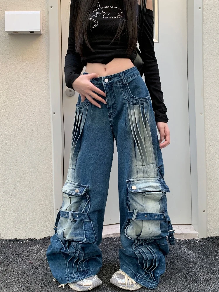 

Trashy Y2K 2000S Уличная одежда Стираные синие мешковатые плиссированные джинсы-карго Брюки для женщин 90-х годов Винтажная одежда Старые широкие женские брюки