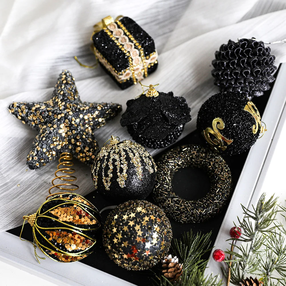 

Christmas Ball Foam Ball Classic Black Gold Series Ball Christmas Tree Pendant Hair Ball Decoration Gift Bag Tree Top Star