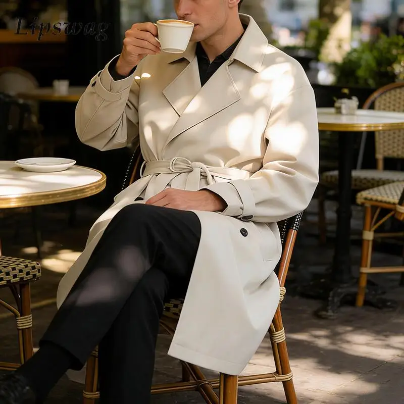 

Модные мужские двубортные ветровки, весенне-осенние повседневные длинные куртки с лацканами, мужские стильные пальто, однотонные плащи