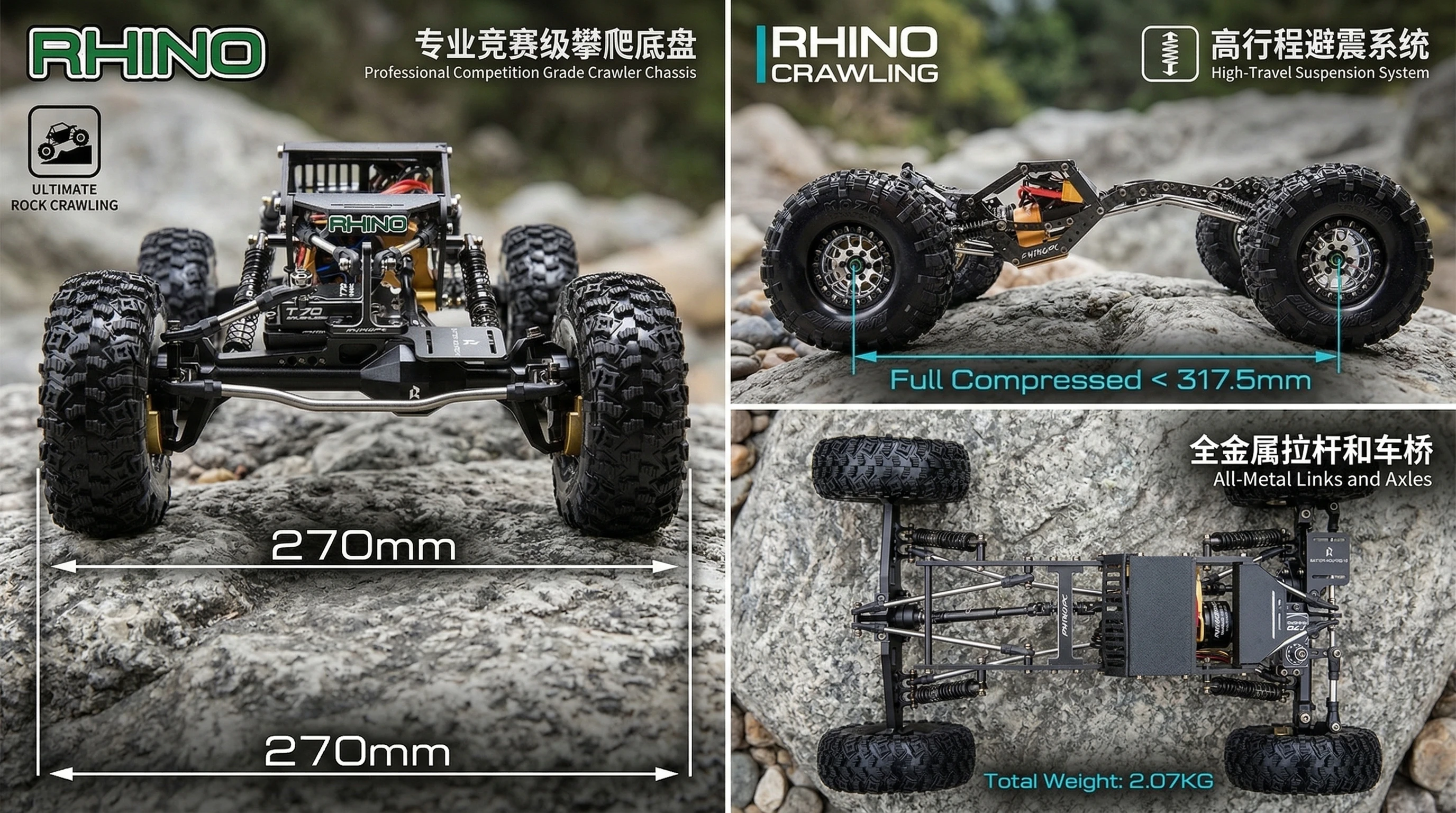 RhinoRC W1 Chassis 317mm 1/10 Scale Shafty Crawler Rig for RC Car Modification - Durable Off-Road Vehicle Chassis