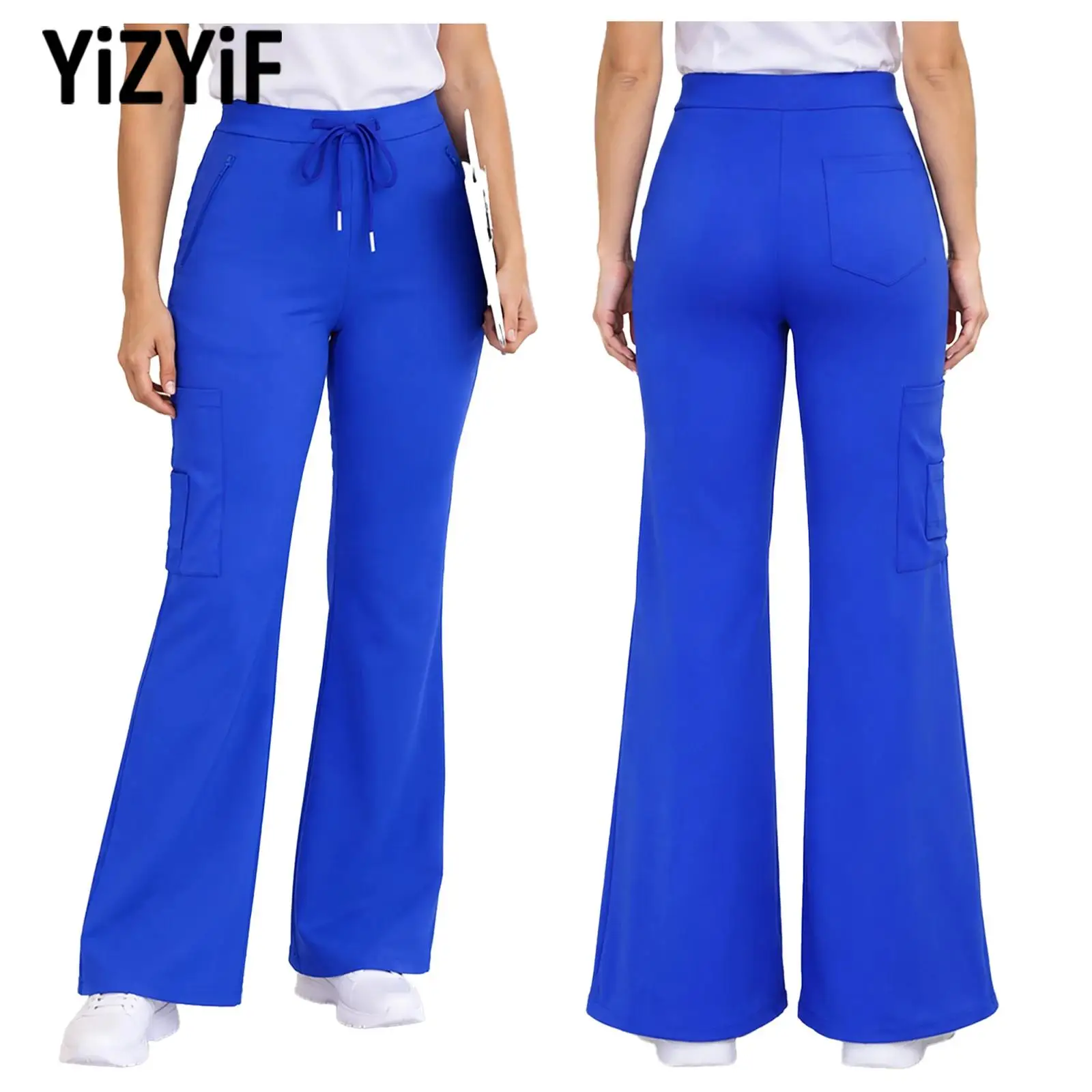 Women Yoga Scrub Pants Workout Flared Leggings Drawstring Elastic Waist Bell-bottom Trousers And Pockets Nursing Work Sportswear