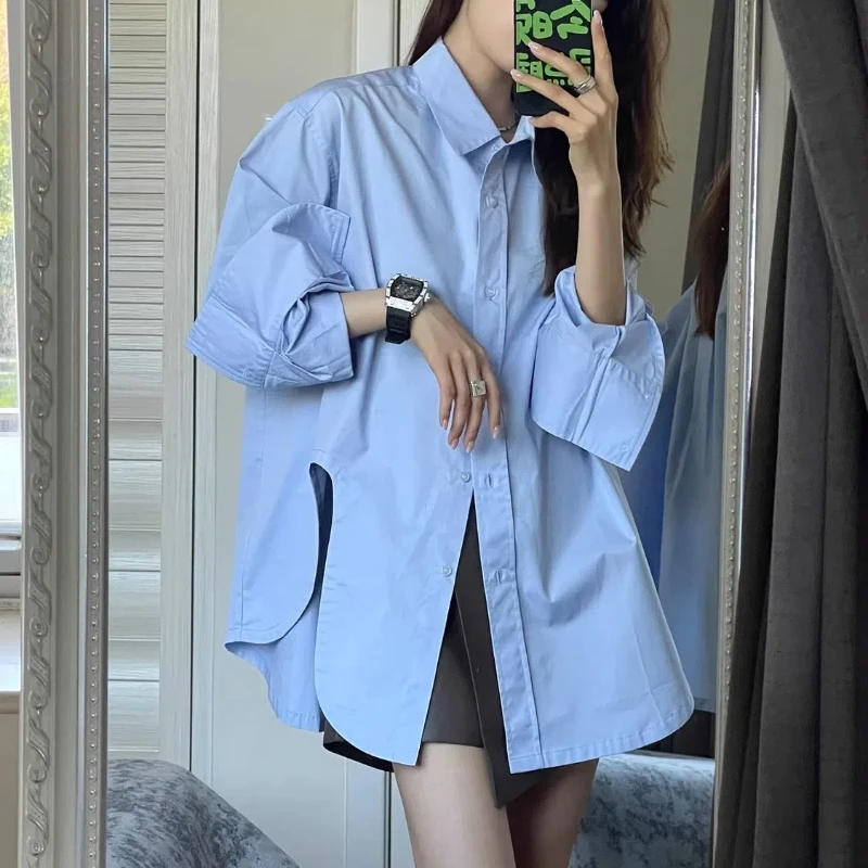 White Split Hem Asymmetrical Loose Blouse Spring New Long Sleeve Polo Neck High Street Shirt Tops Fashion Casual Women Clothing