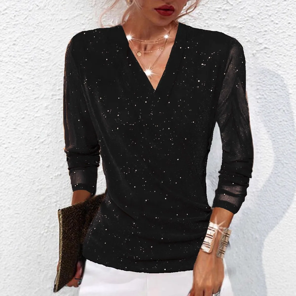 Long Sleeve V Neck T Shirt Regular Length Casual Pullover Women Top with Private Celebrity Style Spring Daily Long Sleeve Shirts