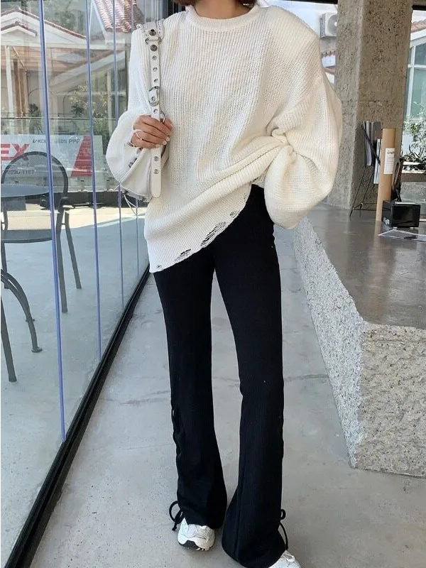 Korean Style Casual Pants Elastic Waist Rope Tie Micro Flared Pure Color Threaded Trousers for Women Spring Autumn Winter