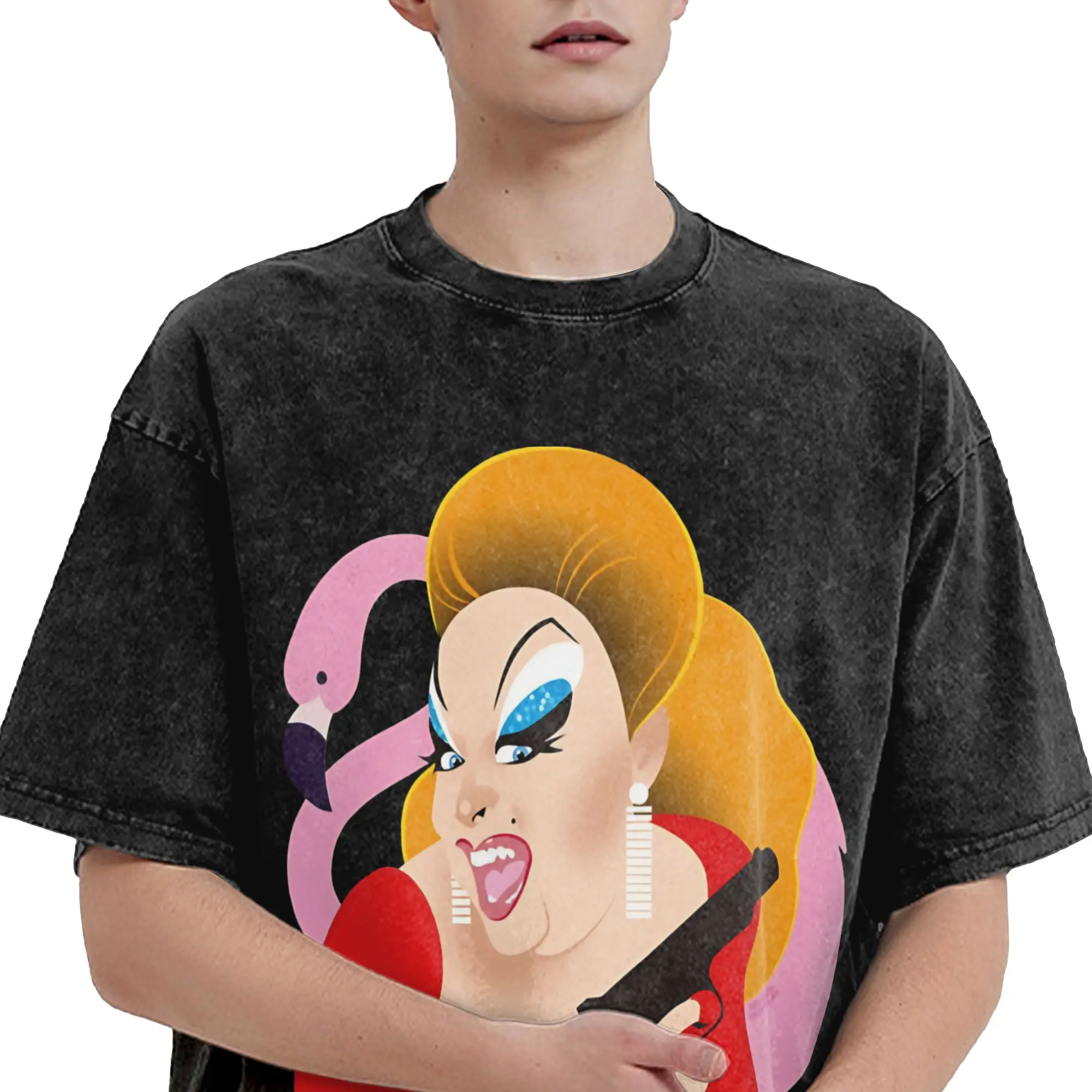 Pink Flamingos John Waters Divine  T Shirts Hip Hop Washed Short Sleeve Oversize T-Shirt  Vintage Men Women Streetwear