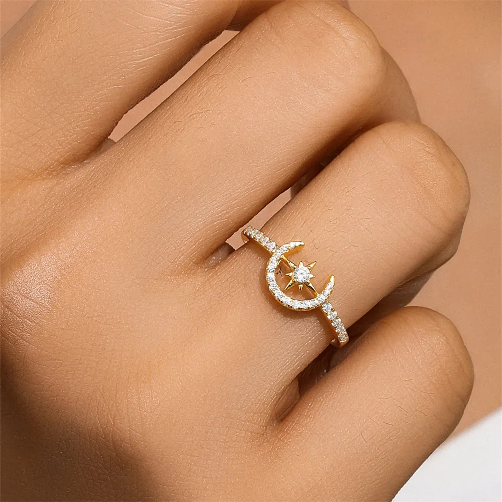 KO Gold Size 7 Ring Women S925 Silver high-end feeling star moon eight pointed star personalized ring  gümüş 925 ayar takı