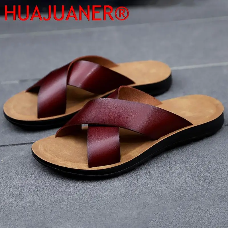 Italian Leather Slippers For Men Summer Hotel Beach Summer Shoes High Quality Big Size 38-47 Slip On Light Flats Male Flip Flops