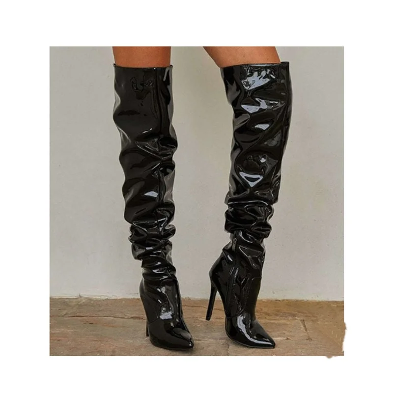 

Patent Leather Knee High Boots Pointed Toe Thin High Heel Fashionable Sexy Novel Style Summer 2023 Woman Shoes Zapatillas Mujer