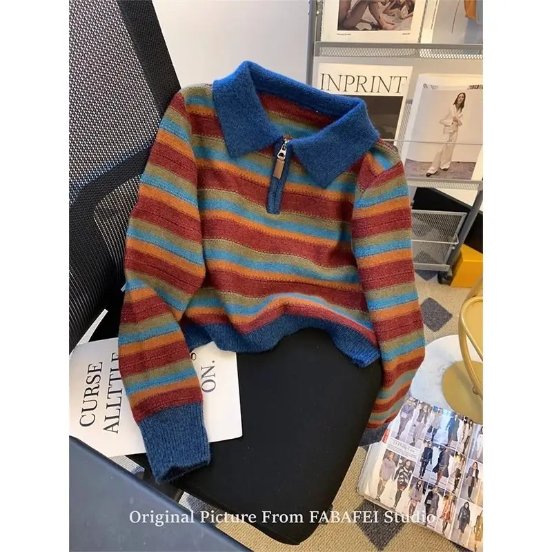 

Retro Striped Polo Collar Half Zipper Sweater for Women in Autumn and Winter Chic Contrasting Lapel Pullover Knit Top