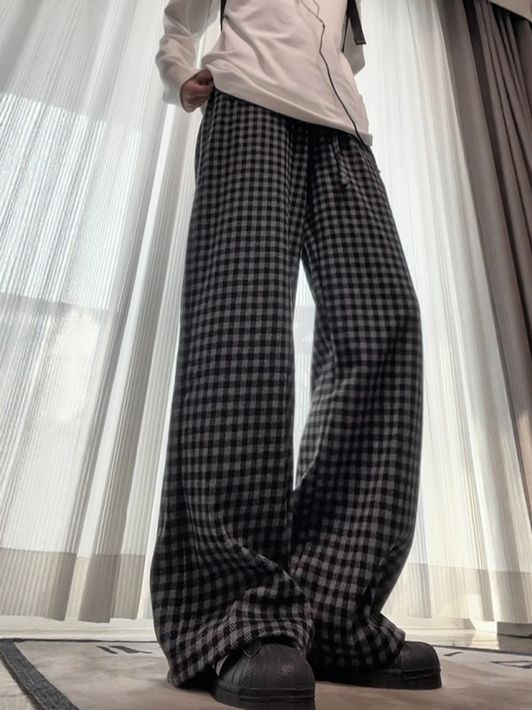 

Cleanfit Men's Tweed Plaid Pants Lazy Sle Micro Flared American Retro Knife Sweatpants Autumn Winter High Waist Straig...