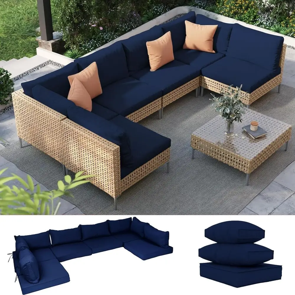 

14-Piece Navy Blue Outdoor Sofa Cushion Set - Water-Resistant for Patio, Garden, or Porch (No Sofa Included)