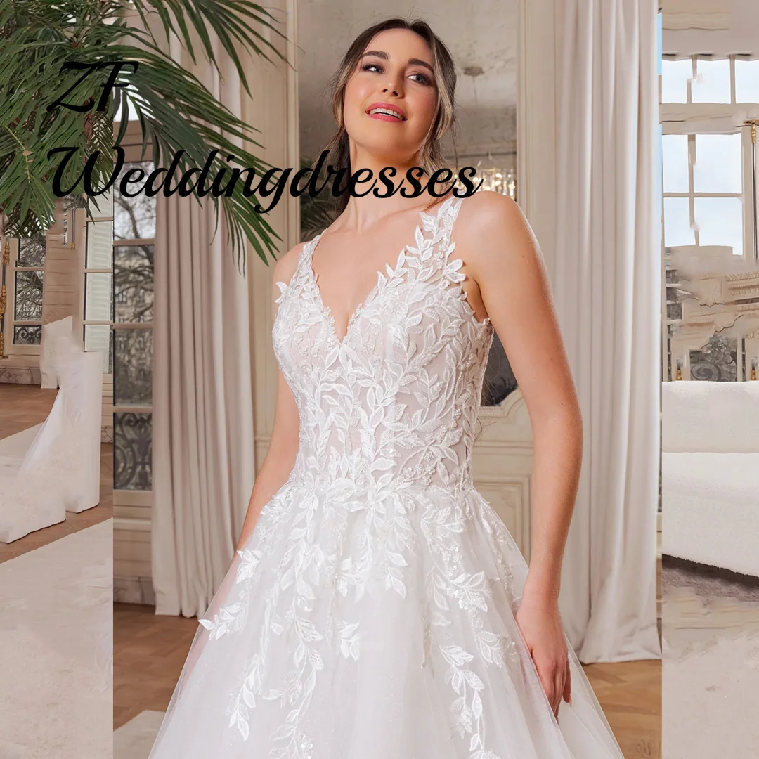 Maßgeschneiderte Applikationen Tüll Brautkleid V-Ausschnitt A-Linie ärmelloses glänzendes Brautkleid rückenfrei Illusion Vestidos de Novia