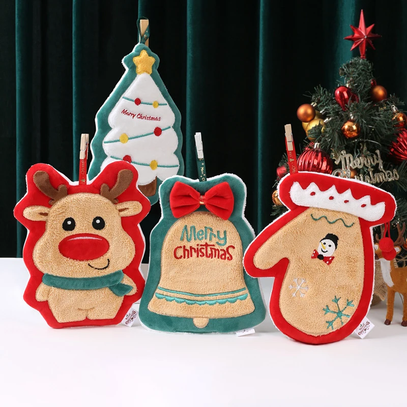 1Pc Coral Velvet Christmas Hand Towel Cartoon Santa Claus Bell Gloves Reindeer Shape Water Absorbent Hanging Handkerchief Towels