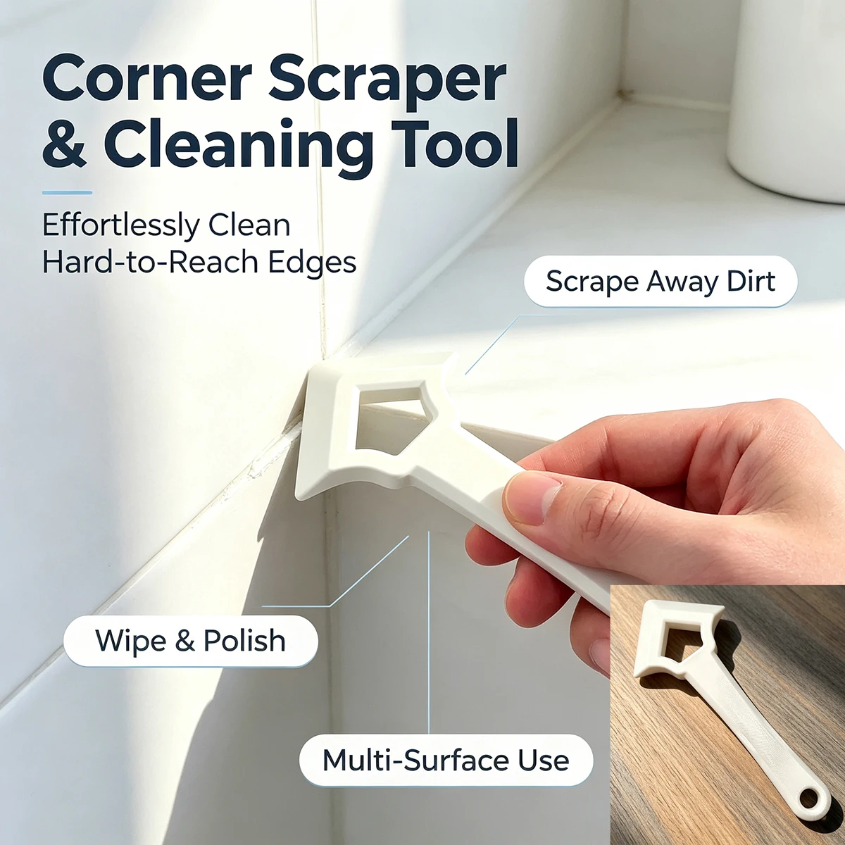 Portable Handheld Corner and Crevice Cleaning Scraper, Suitable for Tiles, Glass Countertops, and Various Other Surfaces. Multi-Scenario Use for Seam Finishing, Grout Removal, Stain Cleaning, Corner Polishing, and Wipi