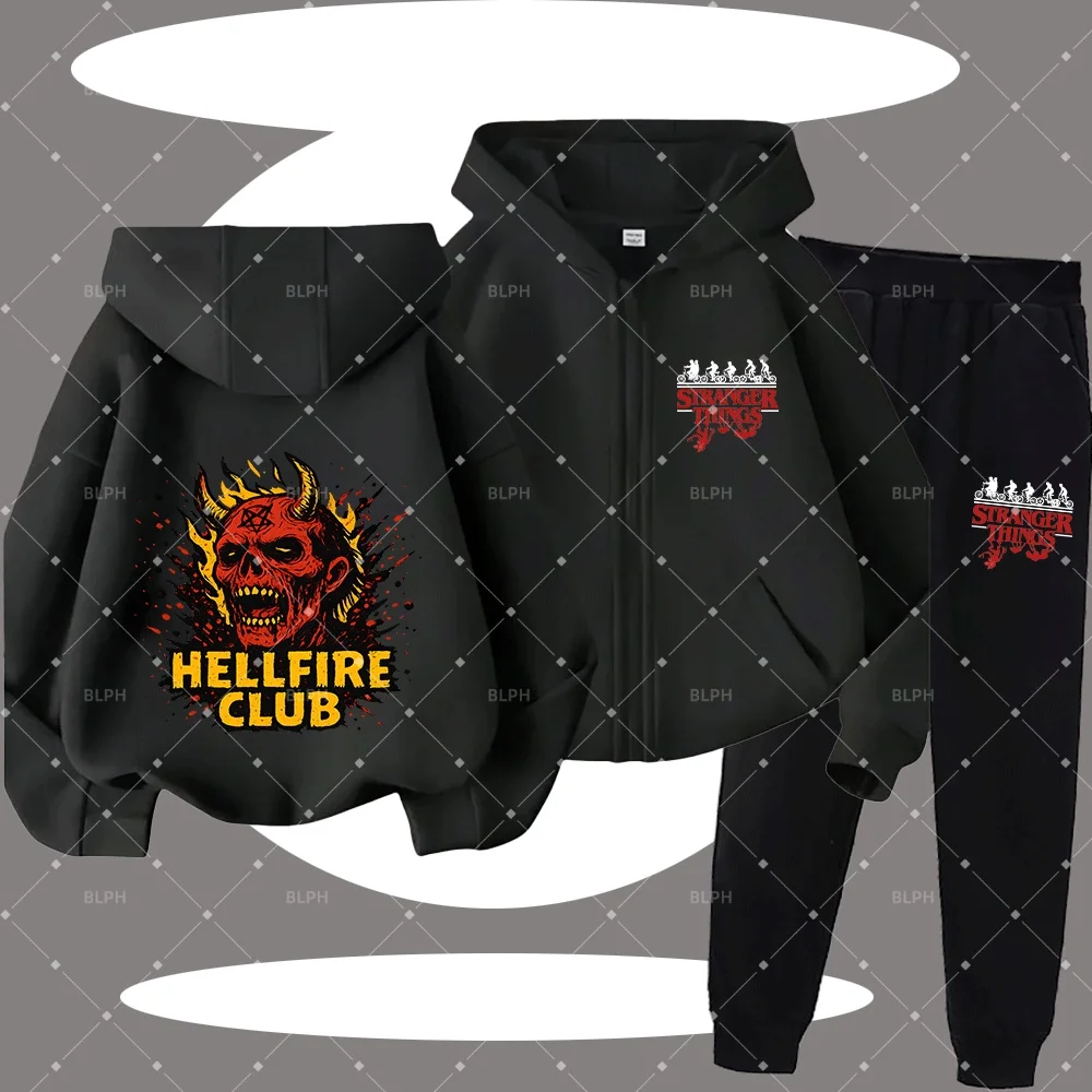 

Детский комплект худи на молнии с графическим принтом Hellfire Club, крутой и стильный наряд для Хэллоуина/выкупа сладостей для мальчиков/девочек