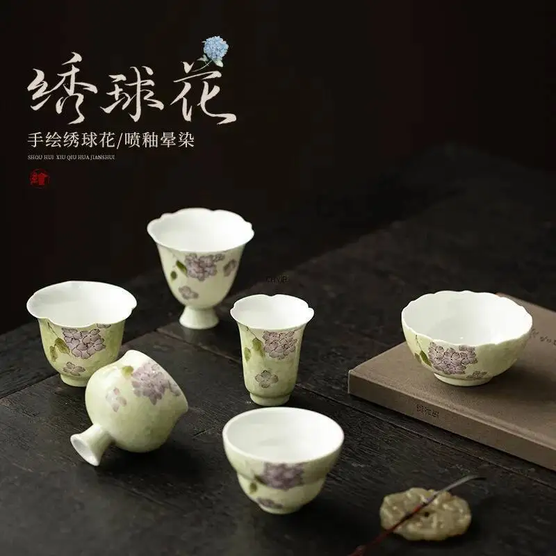 

Ручная роспись, чайная чашка с гортензией и подставкой, домашний керамический чайный сервиз кунг-фу, чашка в китайском стиле, персональная эксклюзивная чашка для чая