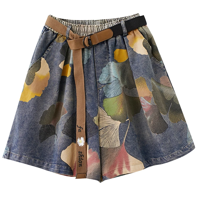 plus Size Women's Retro Artistic Print Denim Pants Elastic Waist Slimming Wide Leg orts Casual Loose Summer Sle Jeans