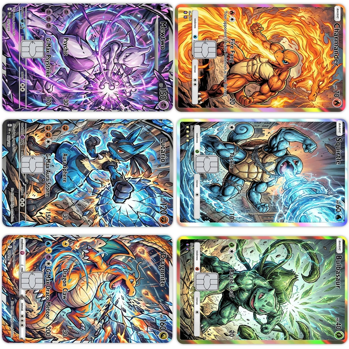 

Креативные наклейки-скины для кредитных/дебетовых карт с персонажами PTCG (Чаризард, Мьюту, Сквиртл) – защитная пленка от царапин, игрушки, декор, подарки