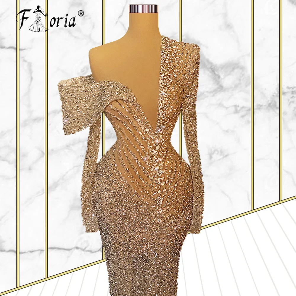 Vestido de noche de lujo para mujer, prenda de manga larga, transparente, con cuentas y lentejuelas, color dorado, champán, sirena, Dubái, árabe, para fiesta